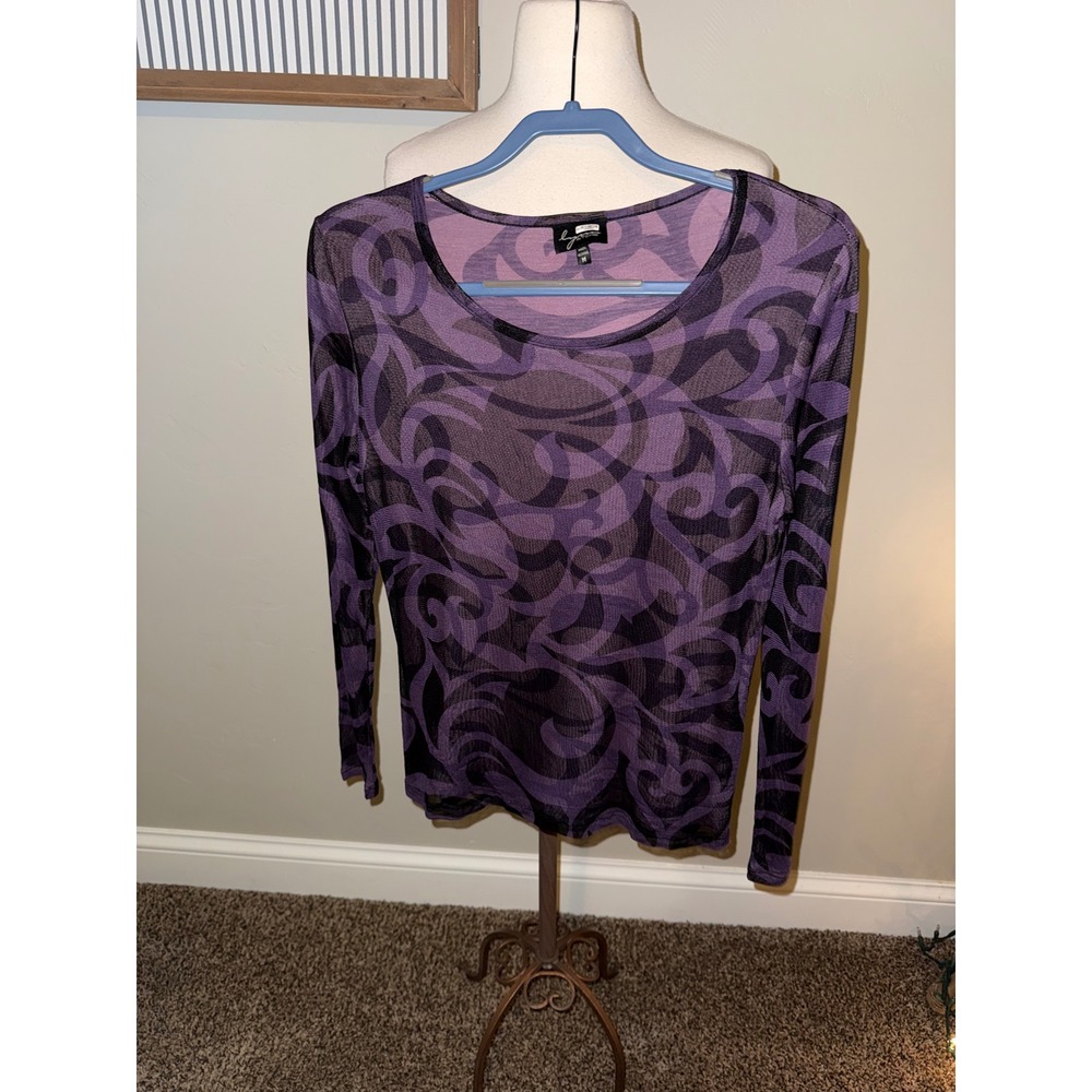 Lynn Ritchie Sheer Mesh‎ Swirl Print Long Sleeve Top Women's Medium Purple Black